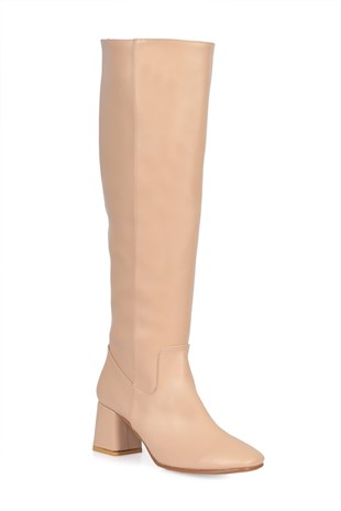 Grace Ten Mat Küt Burun Diz Altı Düz 5cm Topuklu Kadın Çizme