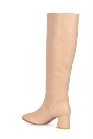 Grace Ten Mat Küt Burun Diz Altı Düz 5cm Topuklu Kadın Çizme