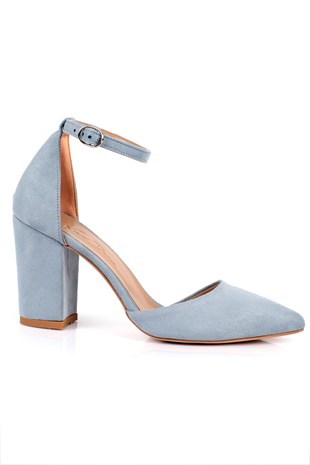 Valeri B Mavi Süet  Sivri 8cm Kalın Topuklu Kadın Ayakkabı