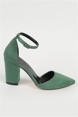 Valeri Yeşil Süet Sivri 8cm Kalın Topuklu Kadın Ayakkabı
