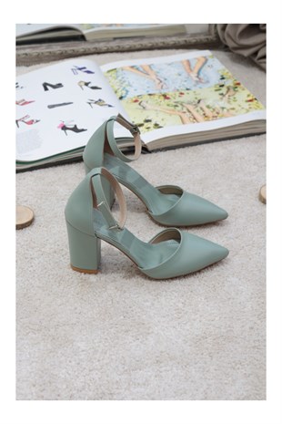 Valy Mint Yeşil  Sivri 8Cm Kalın Topuklu Kadın Ayakkabı