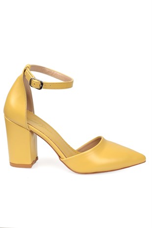 Valy Sarı mat Sivri 8Cm Kalın Topuklu Kadın Ayakkabı